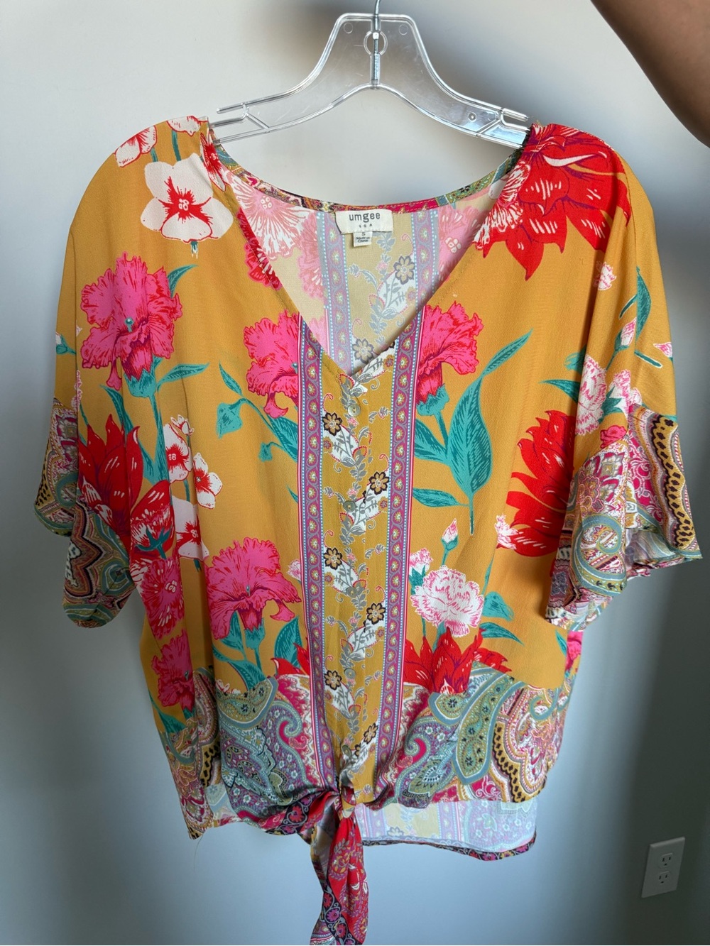 Umgee Floral Tie-Front V-Neck Blouse with Pink & Red Blooms